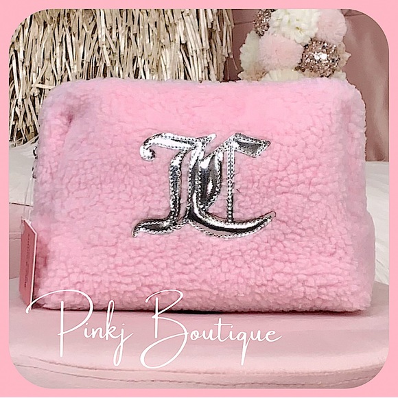 Juicy Couture Handbags - 💗💄{Juicy Couture} Pink Sherpa Wedge Silver Logo Cosmetic | Makeup Bag!